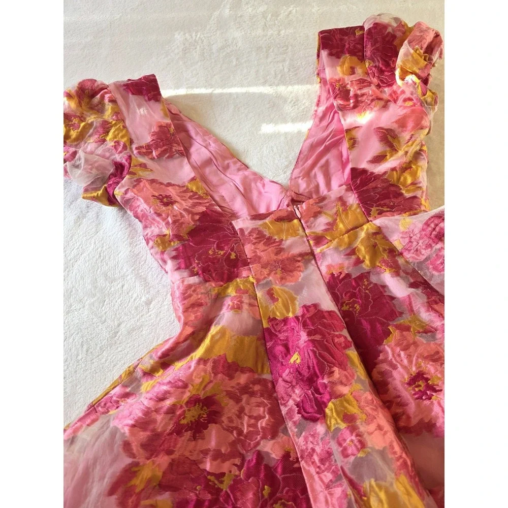 Barbie Core Coquette Showpo Floral Organza Fit Flare Plunge Mini Dress Pink US 4 - Picture 13 of 16